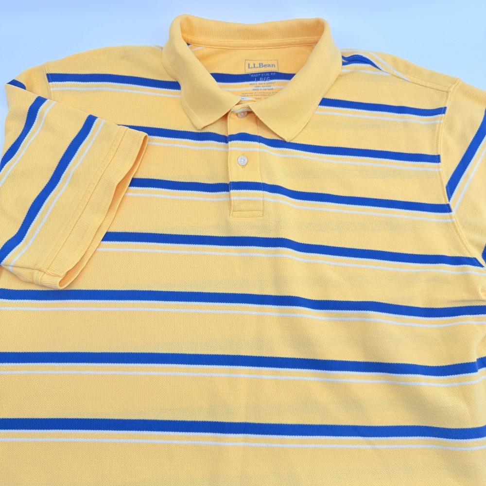 LL Bean Traditional Fit Polo Shirt Mens Large Yellow Blue Striped Cotton Pique